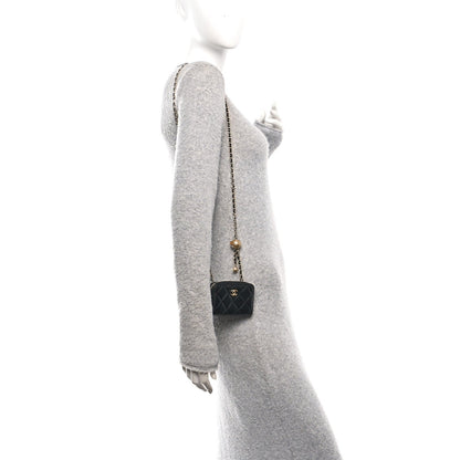 Lambskin Quilted CC Pearl Crush Zip Card Holder On Chain Black