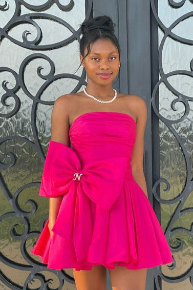 Cute A-Line Strapless Satin Short Homecoming Dresses with Bownot