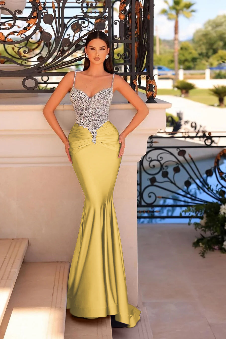 Stunning Purple Satin Sleeveless Spaghtti Strap Mermaid Prom Dress with Beadings