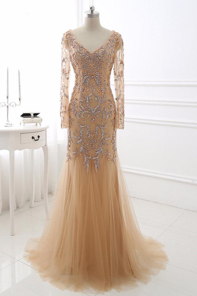 Beautiful Champagne V-Neck Long Sleeves Evening Dress Mermaid Tulle Ruffles with Beadings Rhinestones