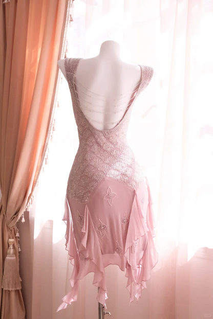 Pink Vintage Sheath Straps Beaded Chiffon Short Homecoming Dress SH5196