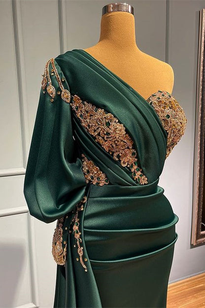 Dark Green Beads One-Shoulder Mermaid Prom Dress With Appliques