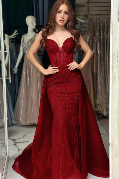 Elegant Red Sequins Spaghtti Strap Sleeveless Sweetheart Prom Dress with Detachable Train