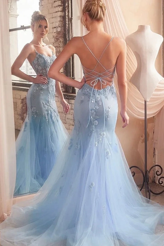 Baby Blue Sleeveless Spaghetti Strap Embroidery Mermaid Prom Dress
