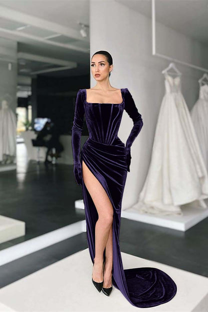 Square Long Sleeves Prom Dress With Slit