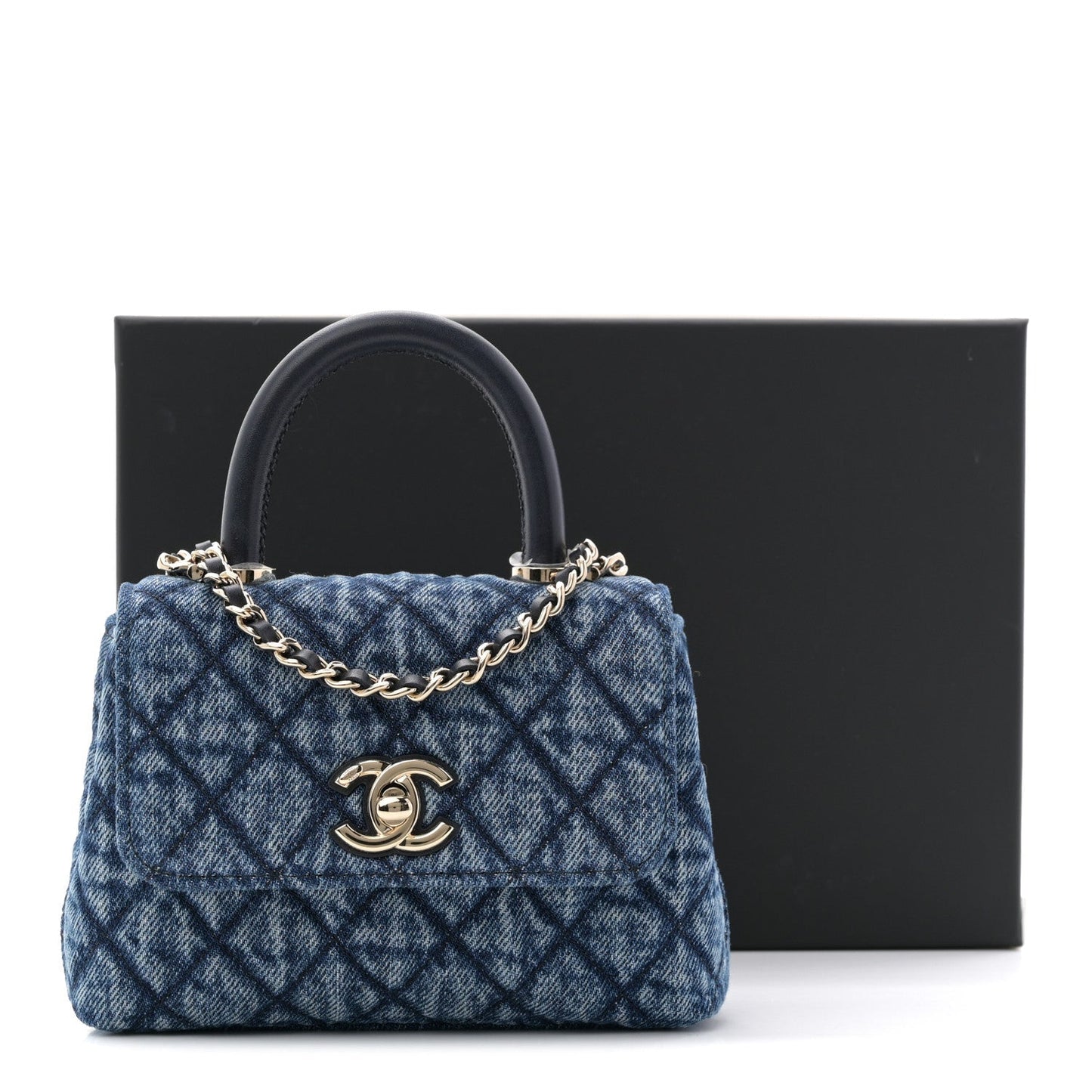 Washed Denim Quilted Coco Handle Clutch With Chain Blue