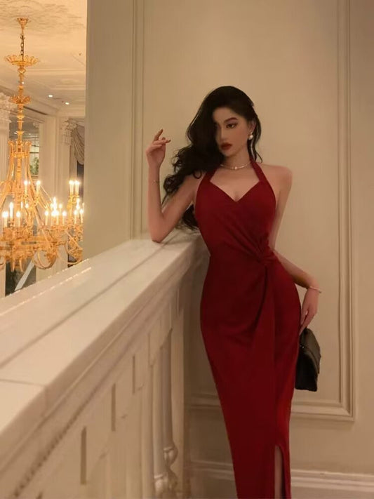 Classy Sheath Halter Red Slit Velvet Prom Dresses Birthday Outfits SD771