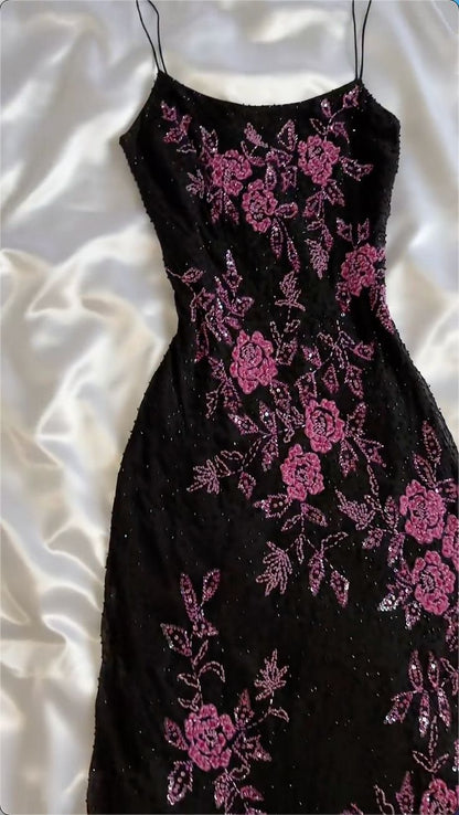 Black Retro Elegant Pink Beaded Chiffon Prom Dress Evening Dress Birthday Party Dress SH3595