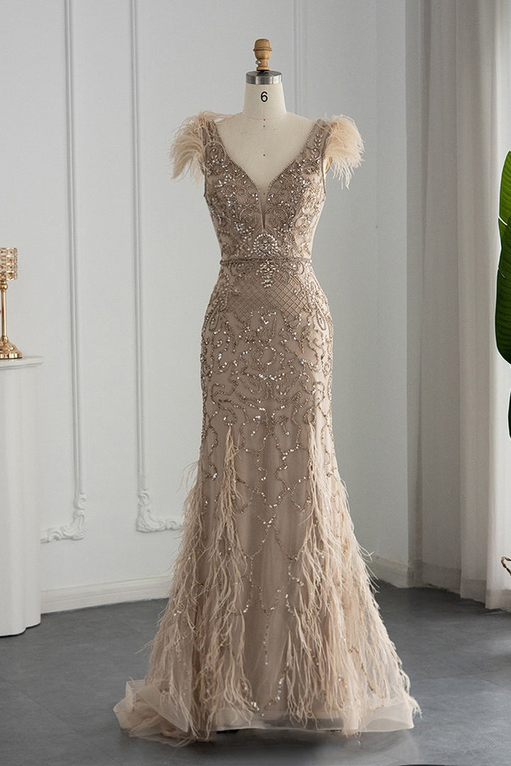 Luxury V Neck Mermaid Evening Dress Sheath With Feathers Appliques