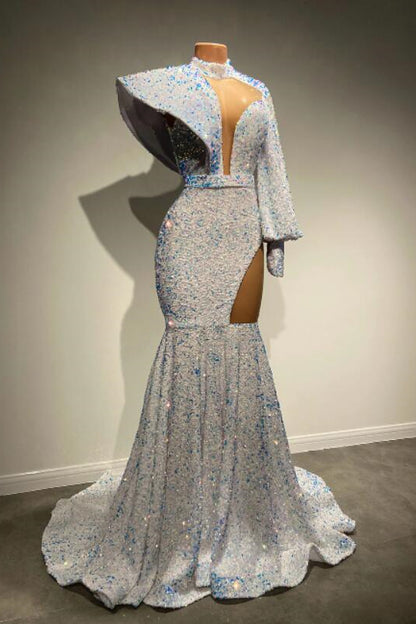 Long Sleeves High Neck Mermaid Prom Dress With Sequins