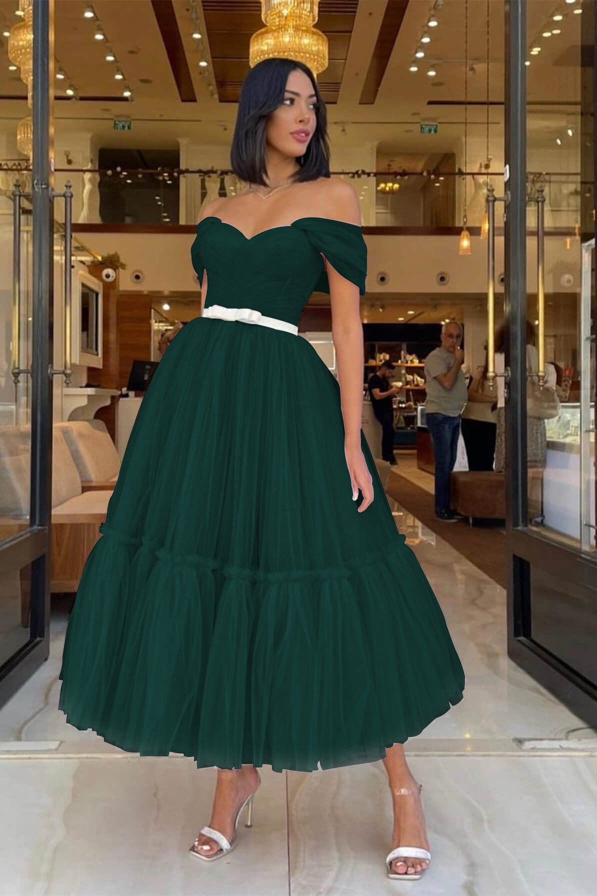 Light Pink Off-The-Shoulder Tulle Prom Dress With Belts Sweetheart