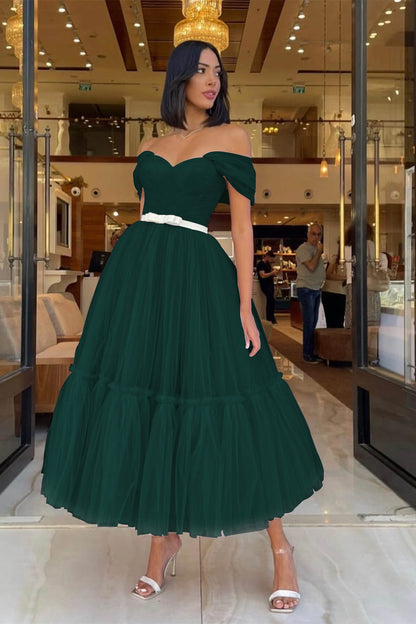 Light Pink Off-The-Shoulder Tulle Prom Dress With Belts Sweetheart