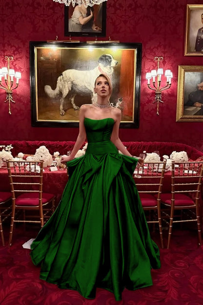 Glamorous Satin Strapless Sleeveless Fitted Waist Long A-Line Evening Dress