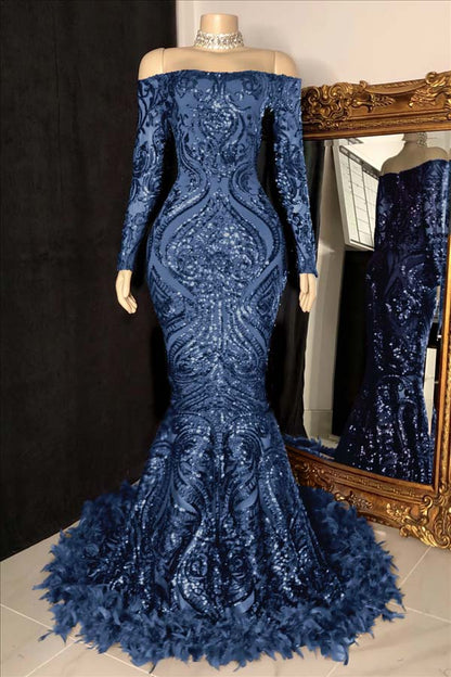 Long Sleeves Mermaid Prom Dress Sequins Burgundy With Feather