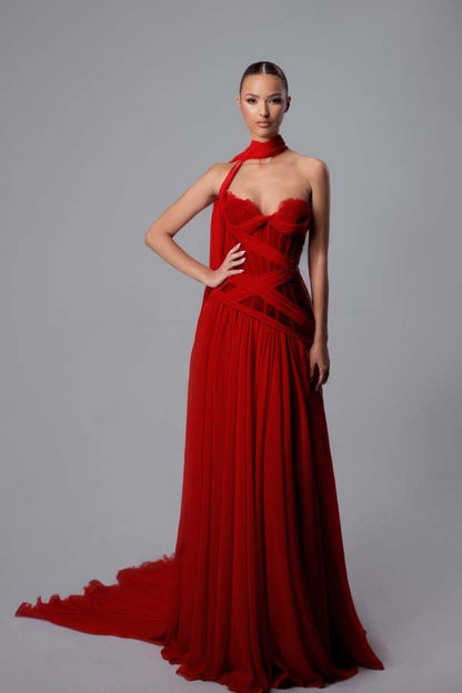 Stunning Fuchsia Chiffon Sleeveless Sweetheart Lace Prom Dress with Scarf