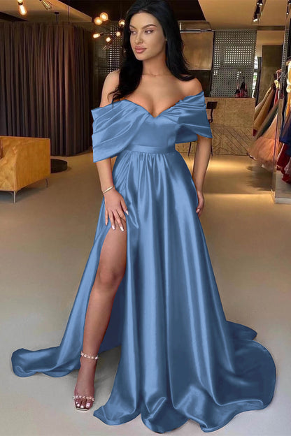 Red A Line Off The Shoulder Prom Dress Split