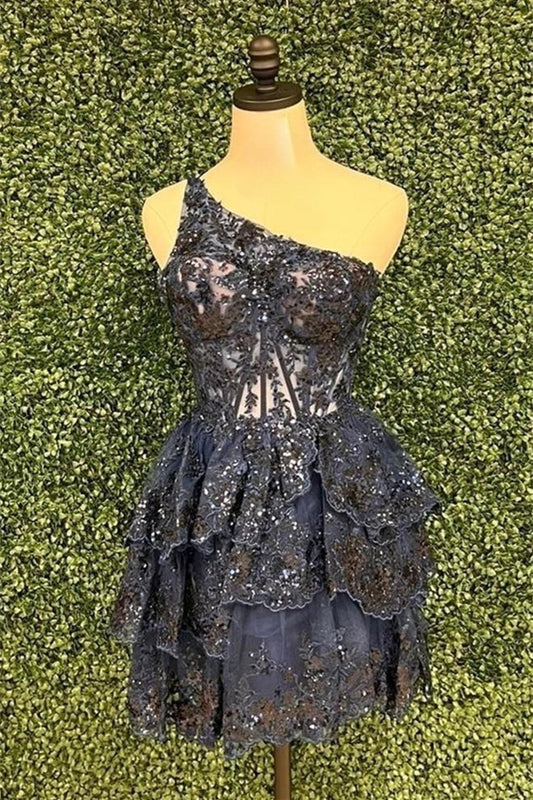 Black One Shoulder A-line Sequined Appliques Multi-Layers Homecoming Dress