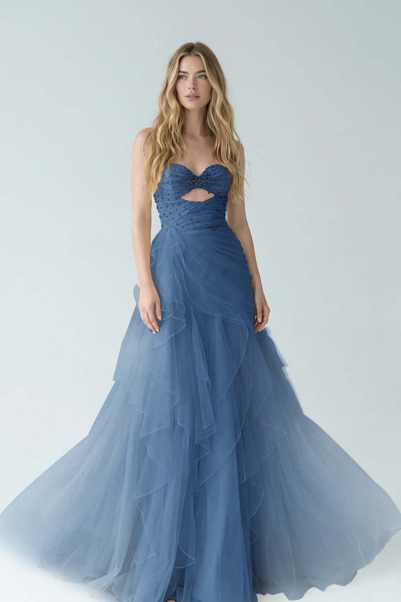 White Sweetheart A-Line Evening Dress Floor Length Pleated with Rhinestone