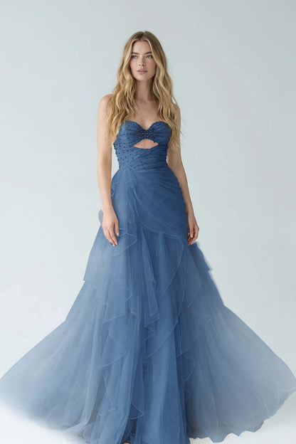 White Sweetheart A-Line Evening Dress Floor Length Pleated with Rhinestone