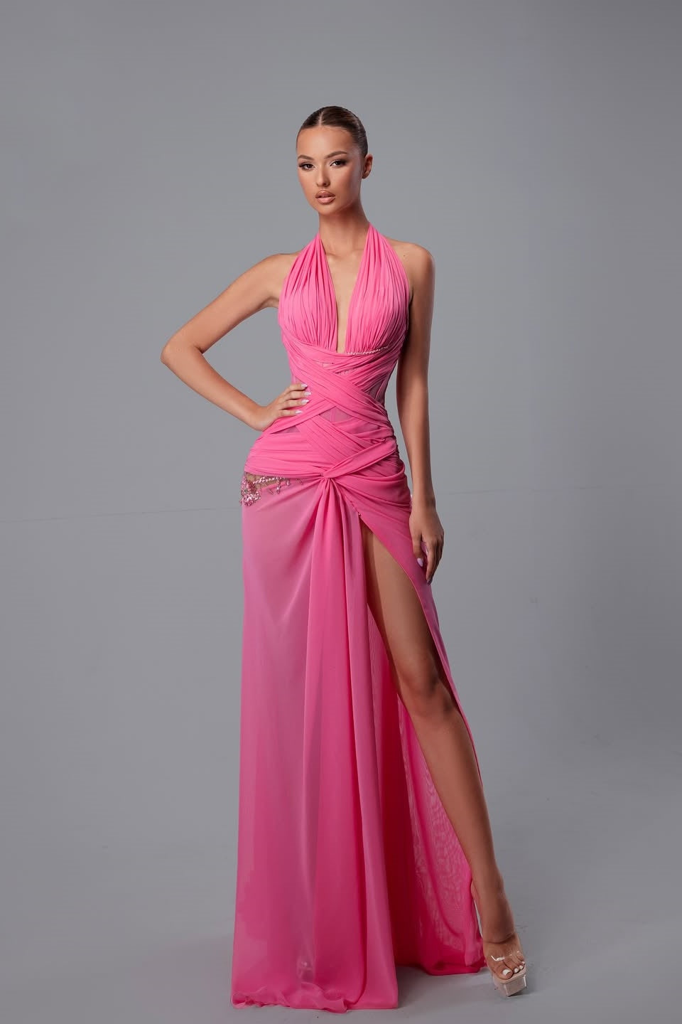 Sleeveless Deep V-Neck Halter Straps Split Prom Dress