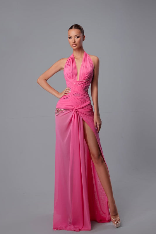 Sleeveless Deep V-Neck Halter Straps Split Prom Dress