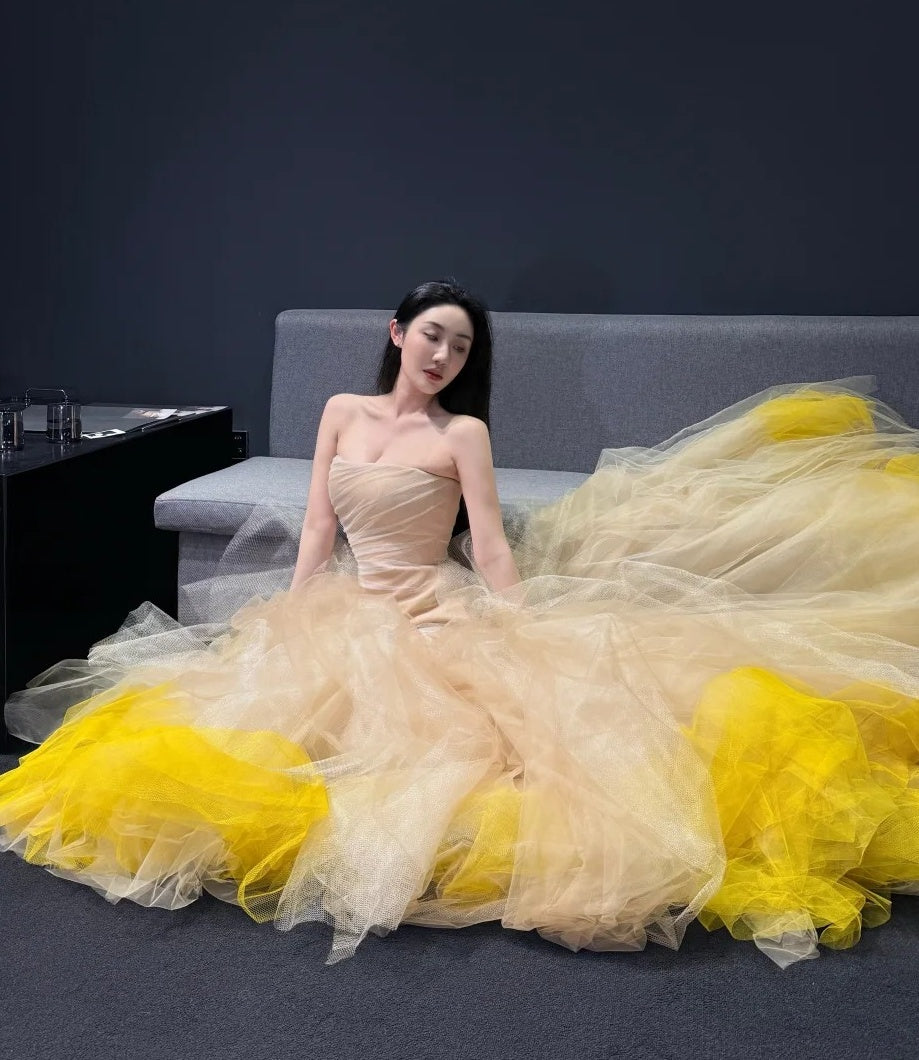 Charming Prom Dress Strapless Pleated Tulle Mermaid Gala Dress Formal Dress Evening Dress  D4611