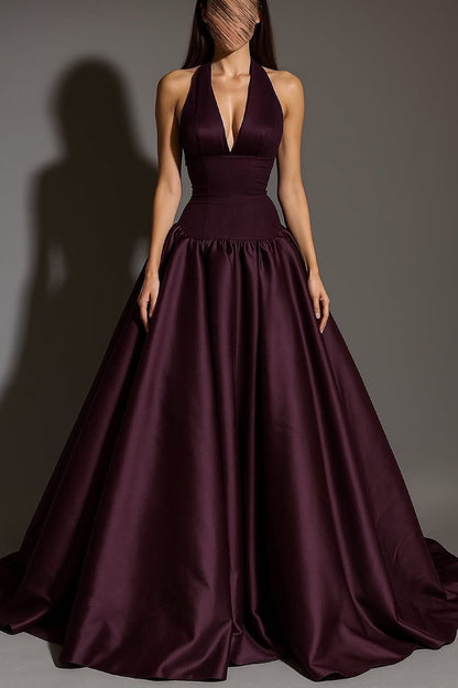 Sexy Sleeveless Halter Straps A-Line Deep V-Neck Long Prom Dress
