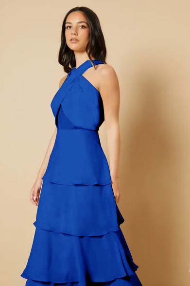 Sleeveless Halter Straps A Line Long Ruffles Prom Dress