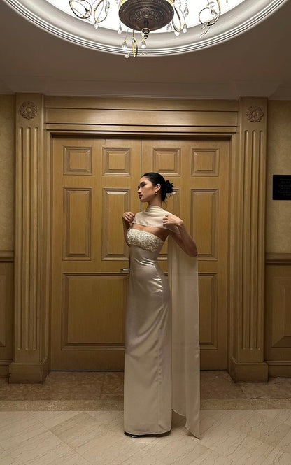 Elegant Sheath Strapless Beaded Ivory Satin Long Prom Dress Evening Dress SH5144