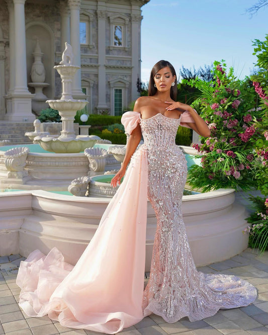 Elegant Off-the-shoulder Blushing Pink Mermaid Long Prom Dress