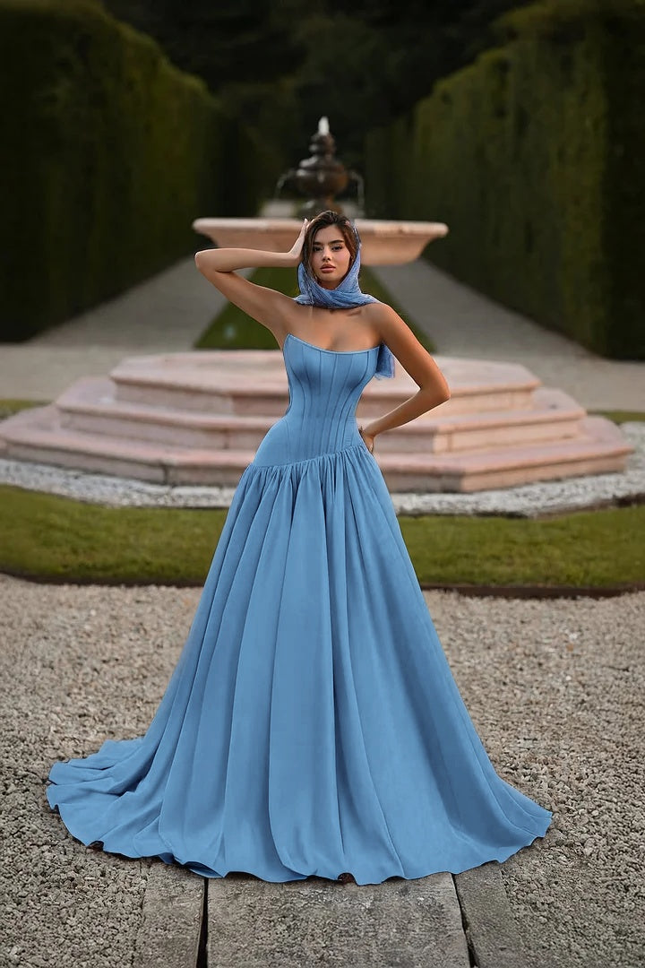 Sky Blue Sleeveless Square A Line Prom Dress With Pleated
