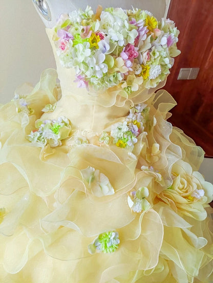 Charming Prom Dress Light Yellow Strapless Floral Ruffle Sweet 16 Dress Quinceanera Dress Ball Gown      D4650