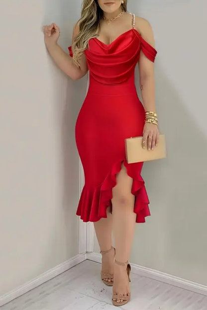 Red Length Pearl Shoulder Straps Short Prom Dress With Ruffles