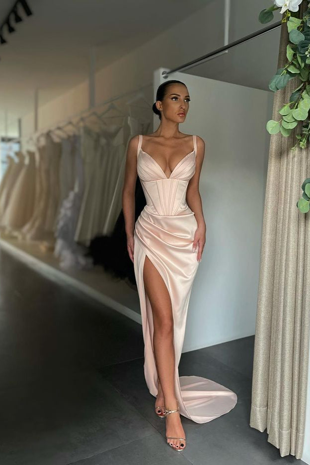 Modern V-Neck Slit Prom Dress Sleeveless