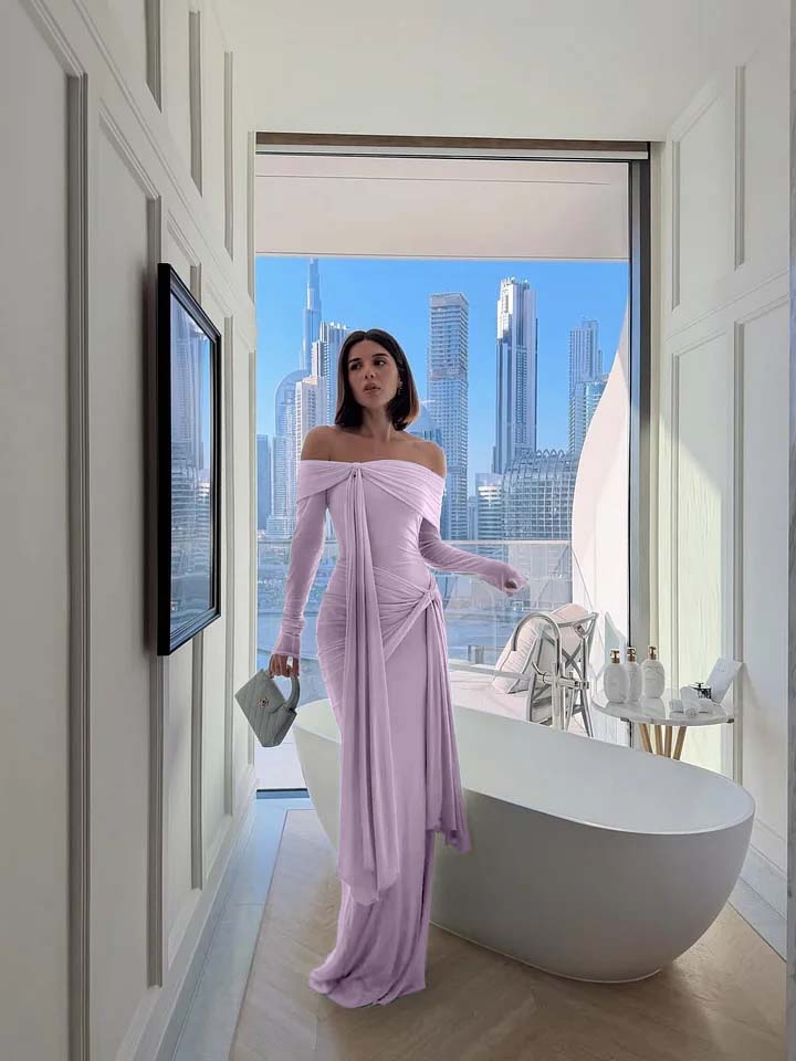 Chic Sky Blue Off-The-Shoulder Long Sleeves Pleated Chiffon Evening Dress