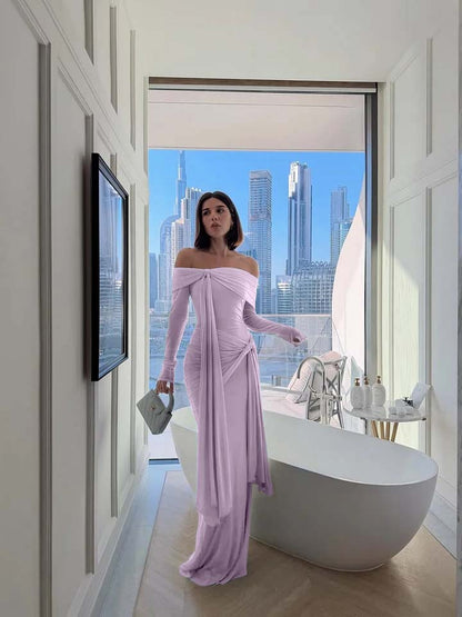 Chic Sky Blue Off-The-Shoulder Long Sleeves Pleated Chiffon Evening Dress