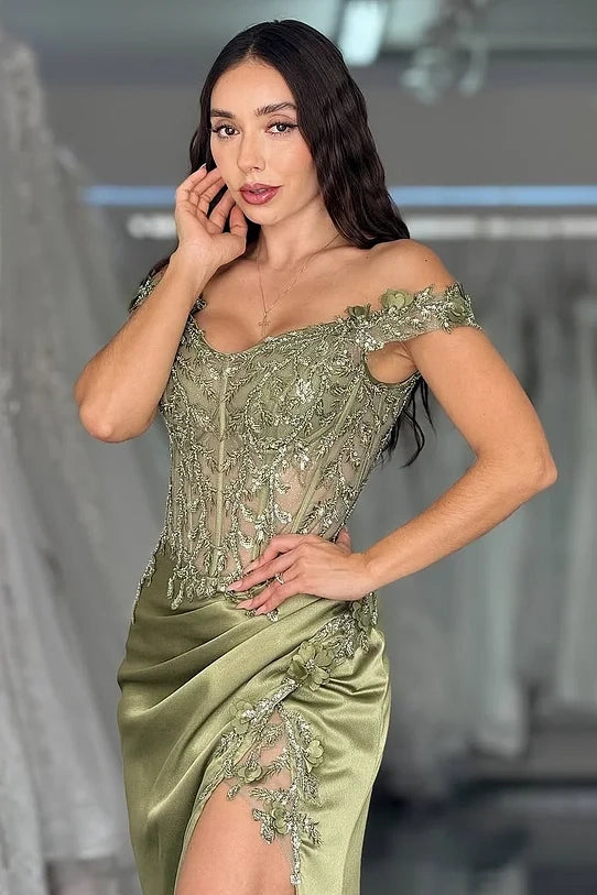 Green Sleeveless Off-Shoulders Mermaid Embroidery Prom Dress