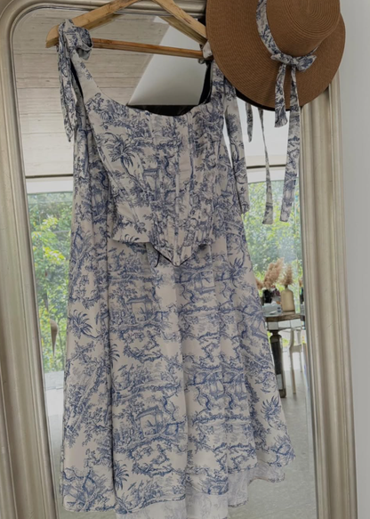 Blue Print Floral Two Piece  A Line Satin Long Prom Dress Party Dress 16th Birthday Dress SH3877