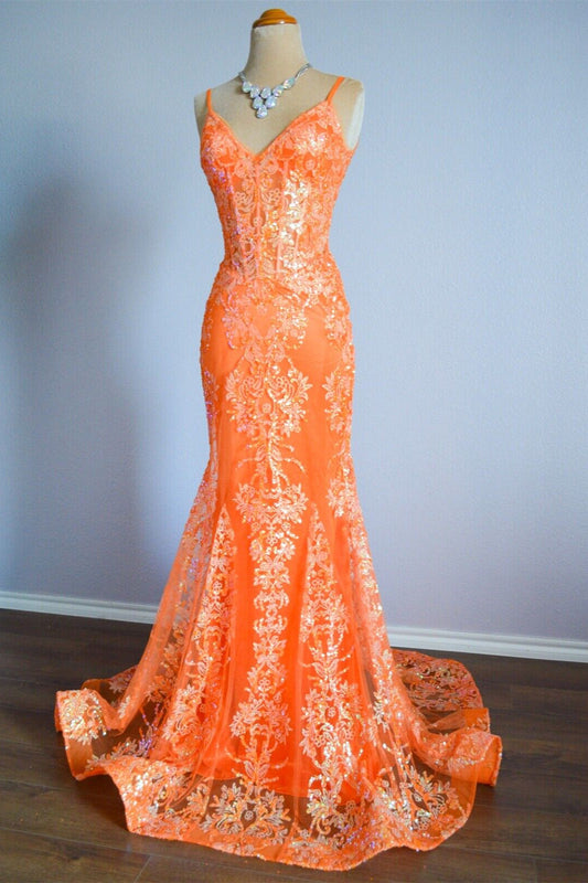 V-Neck Open Back Mermaid Lace Prom Party Dress