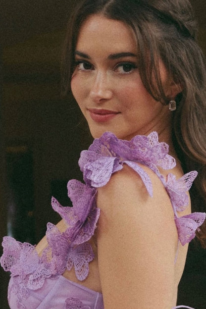 Purple Butterflies Appliques Square Tulle Prom Dress Long A-Line sleeveless