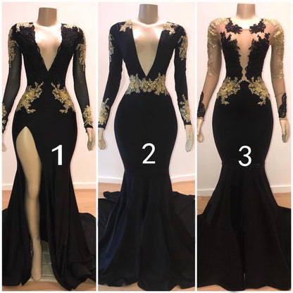 Long Sleeves Black Prom Dress With Gold Appliques
