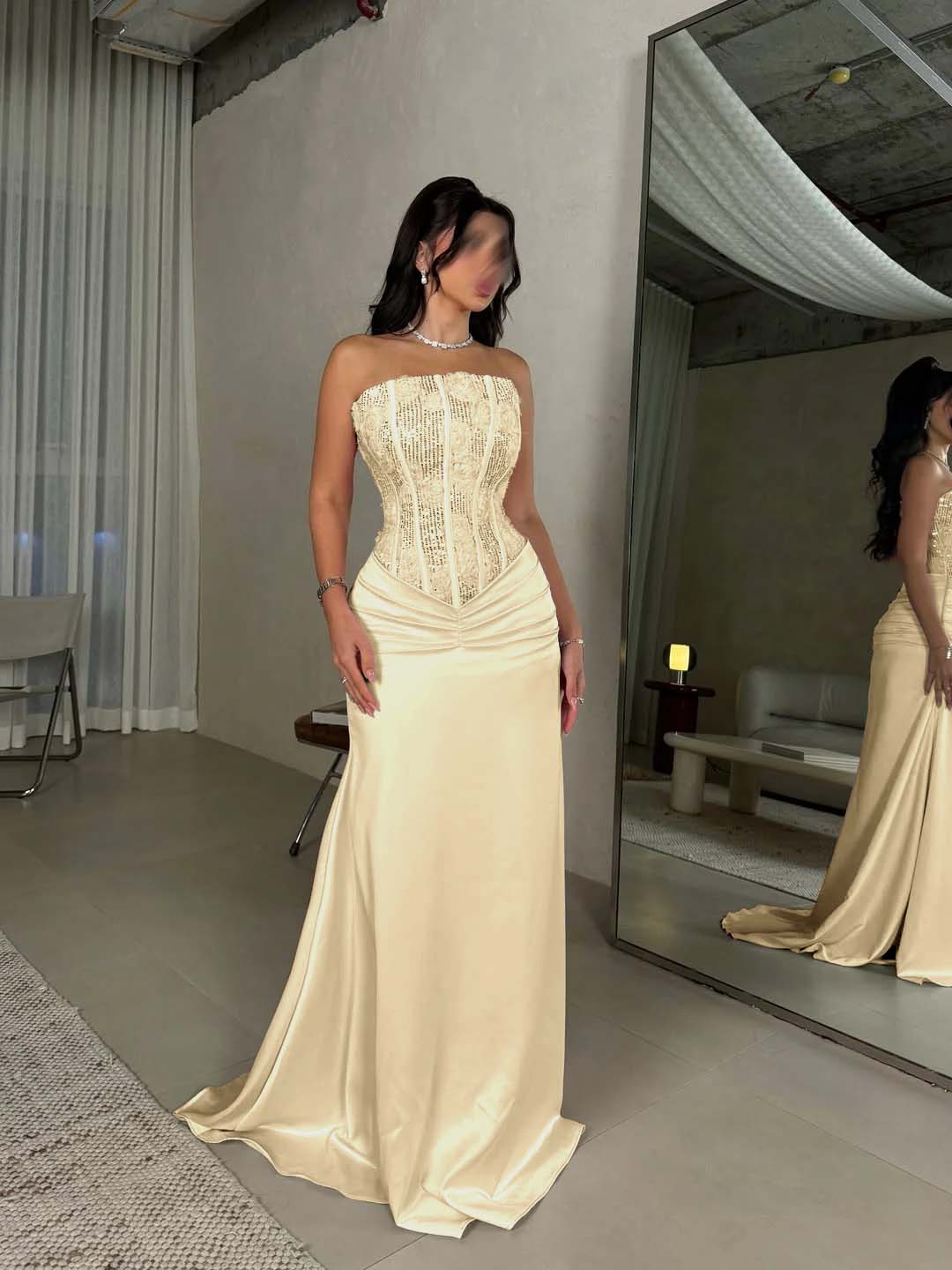 Sleeveless Square Mermaid Strapless Beads Prom Dress