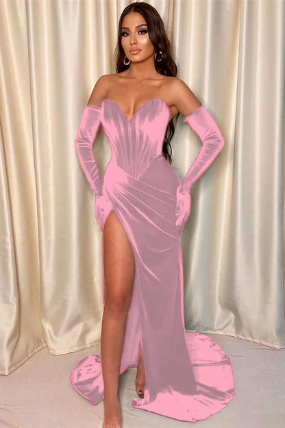 Mermaid V-Neck Evening Dress With Gloves Front Split Dark Green