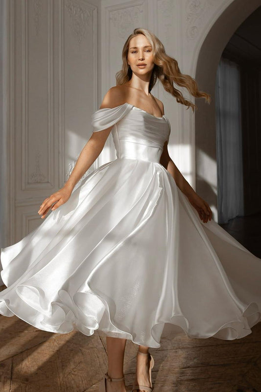 Exquisite White Satin Strapless Off the Shoulder A Line Prom Dress with Ruffles