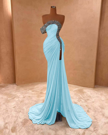 Light Purple Sleeveless Strapless Mermaid Beads Prom Dress