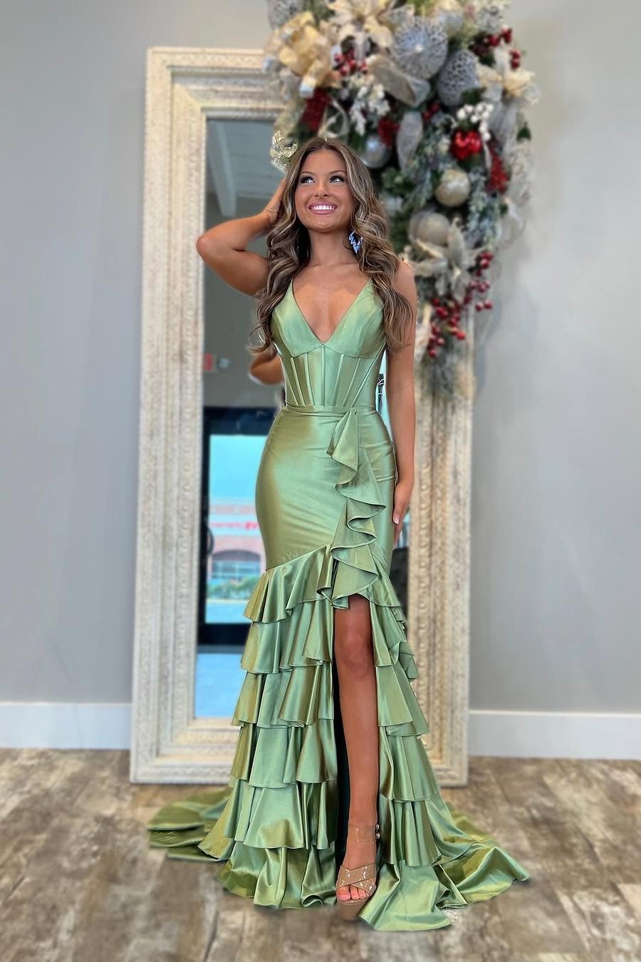 Charming Dusty Sage Satin Spaghtti Strap Sleeveless Long Split Prom Dress with Ruffles