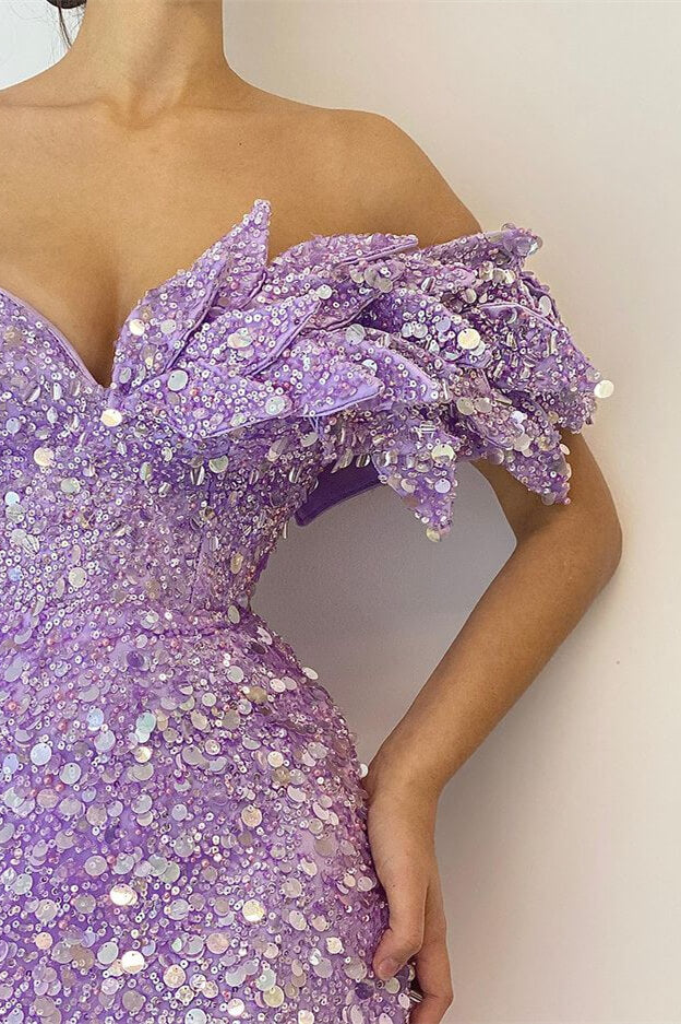 Pretty Lilac  V-Neck Off-The-Shoulder Mermaid Prom Dress