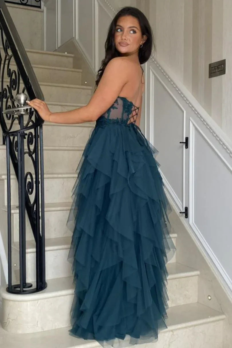 Coral A Line Sweetheart Neck Layered Tulle Long Wedding Guest Dress Evening Dress with Slit SH2918