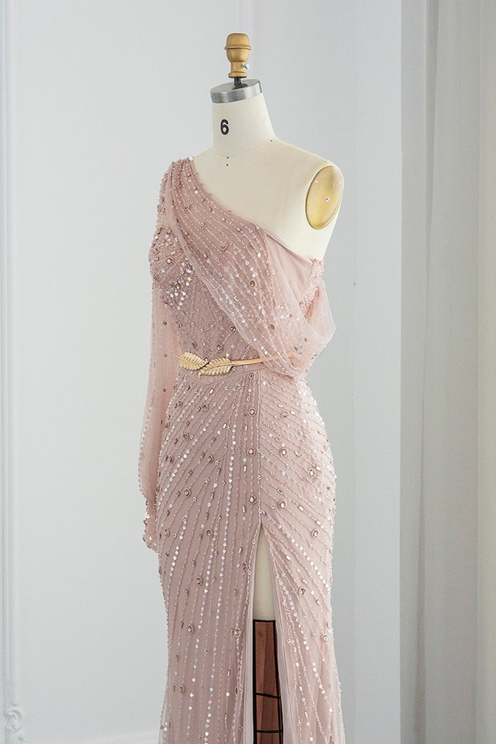 Pink Mermaid One Shoudler Evening Dress Side Split With Appliques Seqiuns