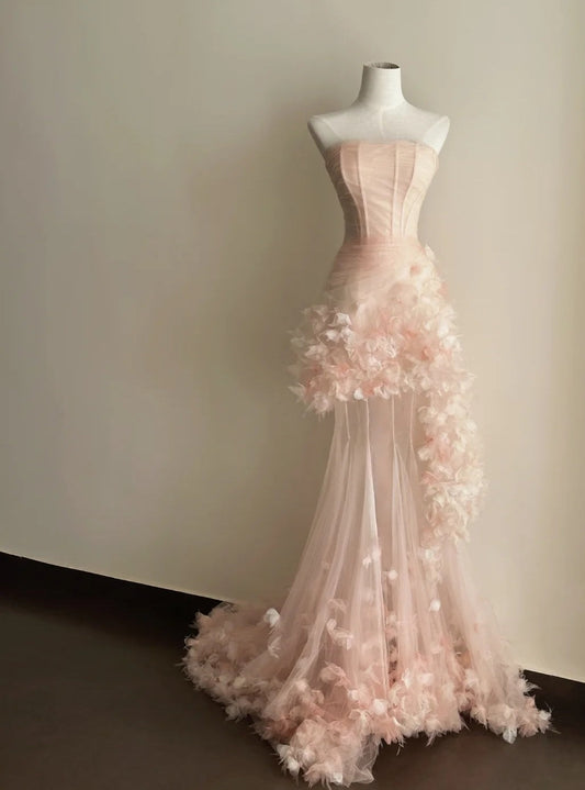 Chic Prom Dress Strapless Pleated Floral Tulle Formal Dresses Gala Gown Evening Dress  D4721